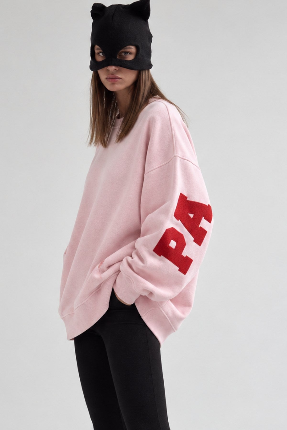 Kadın Oversize Sweatshirt Paradise Varsity Kabartma Baskılı Pembe – Bisiklet Yaka, 3 İplik Şardonlu Polar