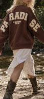 Kadın Oversize Sweatshirt Paradise Varsity Kabartma Baskılı Kahverengi – Bisiklet Yaka, 3 İplik Şardonlu Polar