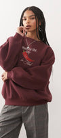Kadın Oversize Sweatshirt Be Hot Baskılı Bordo – Bisiklet Yaka, 3 İplik Şardonlu Polar