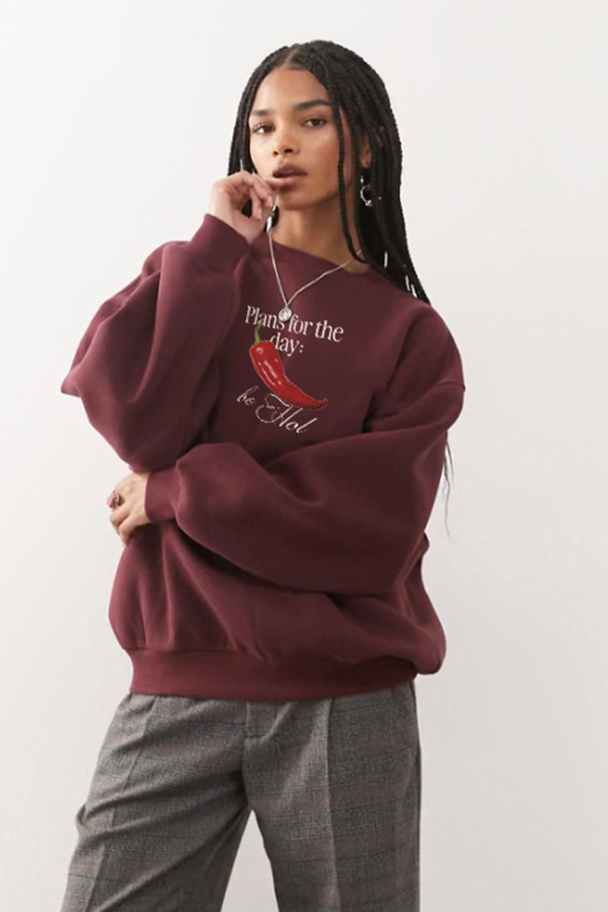 Kadın Oversize Sweatshirt Be Hot Baskılı Bordo – Bisiklet Yaka, 3 İplik Şardonlu Polar