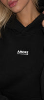 Kadın Oversize Hoodie Amore Baskılı Siyah – Kapüşonlu, Kanguru Cepli, 3 İplik Şardonlu Polar