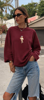 Kadın Relaxed Fit Sweatshirt Coffee Bear Baskılı Bordo – Bisiklet Yaka, 3 İplik Şardonsuz, Geniş Kol