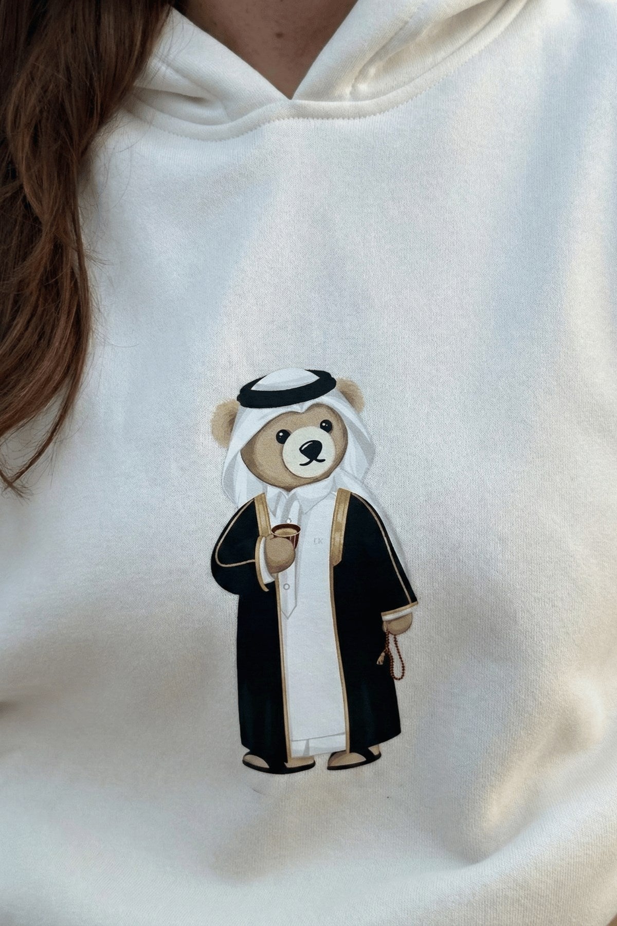 Erkek Oversize Sweatshirt Hoodie Qatari Bear Black Beyaz – Kapüşonlu, 3 İplik Polar, Kanguru Cepli