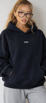 Kadın Oversize Hoodie Amore Baskılı Lacivert – Kapüşonlu, Kanguru Cepli, 3 İplik Şardonlu Polar
