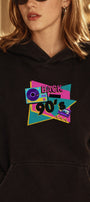 Kadın Oversize Hoodie Back To The 90’s Baskılı Siyah - Kapüşonlu, Kanguru Cepli, 3 İplik Polar