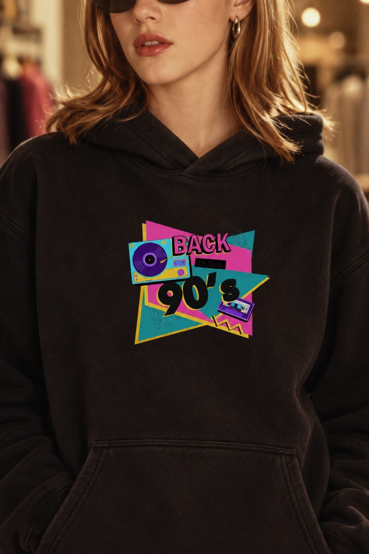 Kadın Oversize Hoodie Back To The 90’s Baskılı Siyah - Kapüşonlu, Kanguru Cepli, 3 İplik Polar