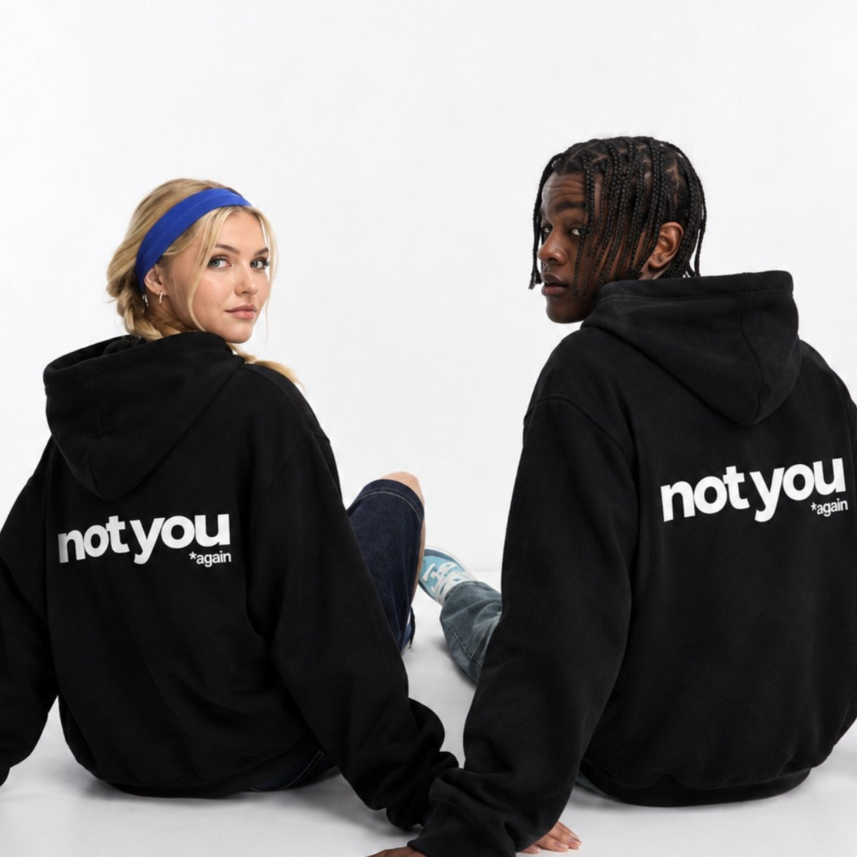 Unisex Oversize Hoodie Not You Again Baskılı Siyah – Kapüşonlu, Kanguru Cepli, 3 İplik Şardonlu 