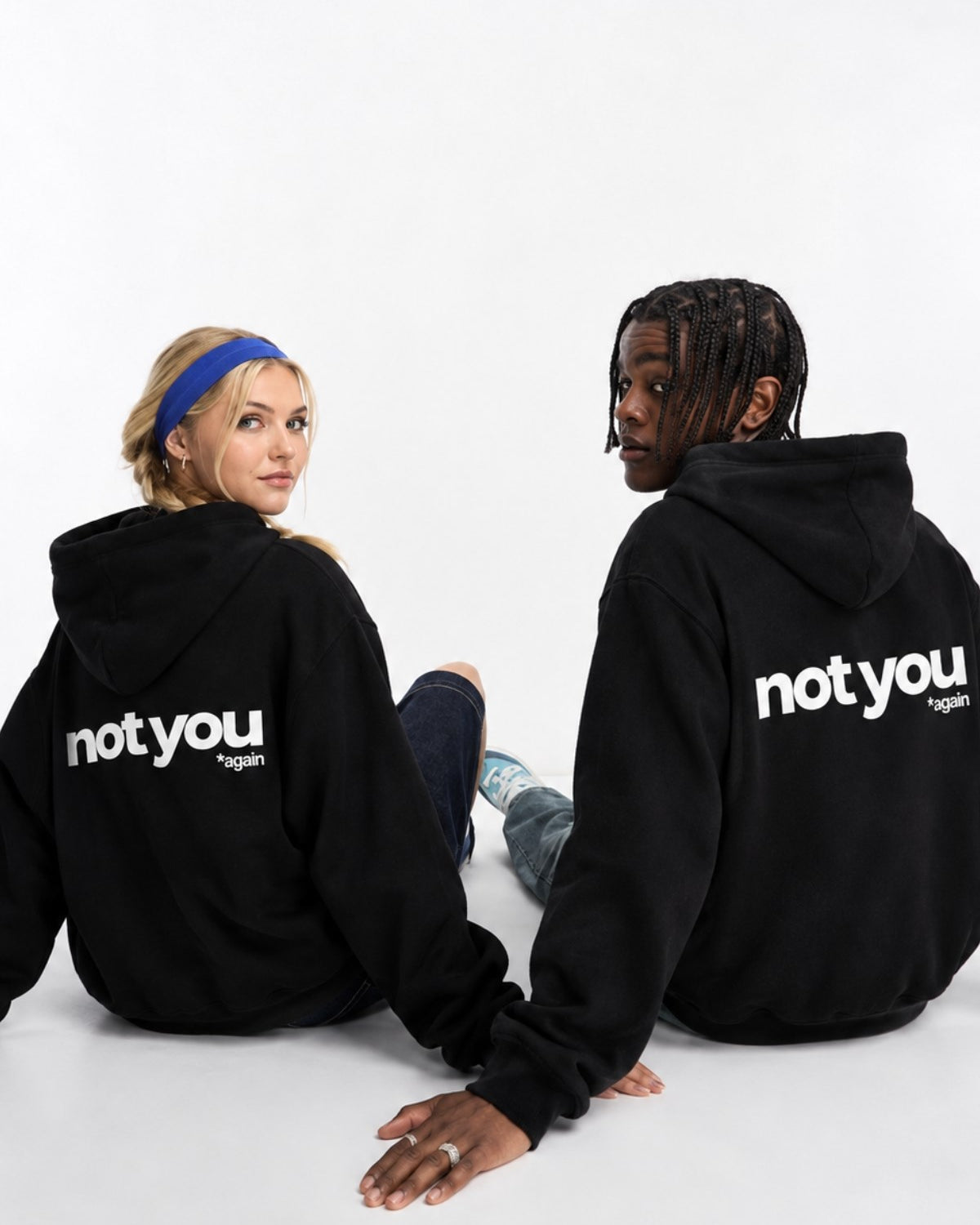Unisex Oversize Hoodie Not You Again Baskılı Siyah – Kapüşonlu, Kanguru Cepli, 3 İplik Şardonlu 