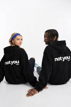 Unisex Oversize Hoodie Not You Again Baskılı Siyah – Kapüşonlu, Kanguru Cepli, 3 İplik Şardonlu