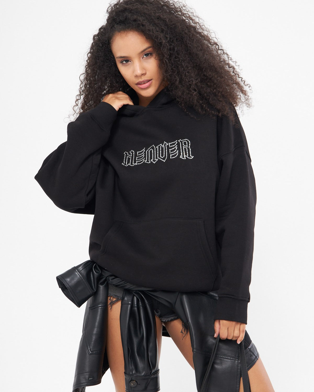Heaven Yazılı Taş Baskılı Kapüşonlu İçi Polar Oversize Siyah Sweatshirt