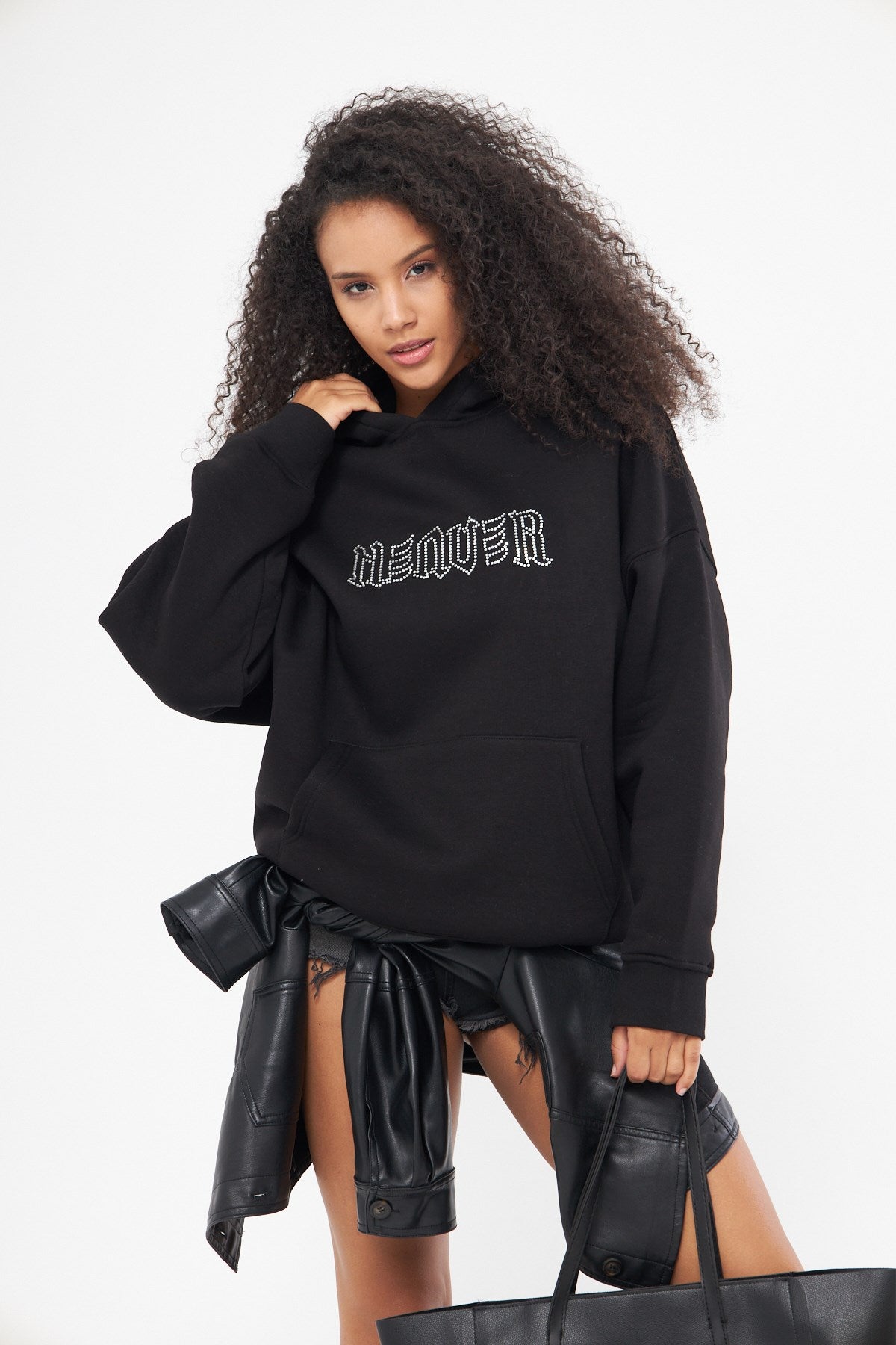Heaven Yazılı Taş Baskılı Kapüşonlu İçi Polar Oversize Siyah Sweatshirt The Champ