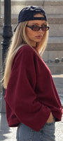 Kadın Relaxed Fit Sweatshirt Basic Bordo – Bisiklet Yaka, 3 İplik Şardonsuz, Düşük Omuz, Geniş Kol