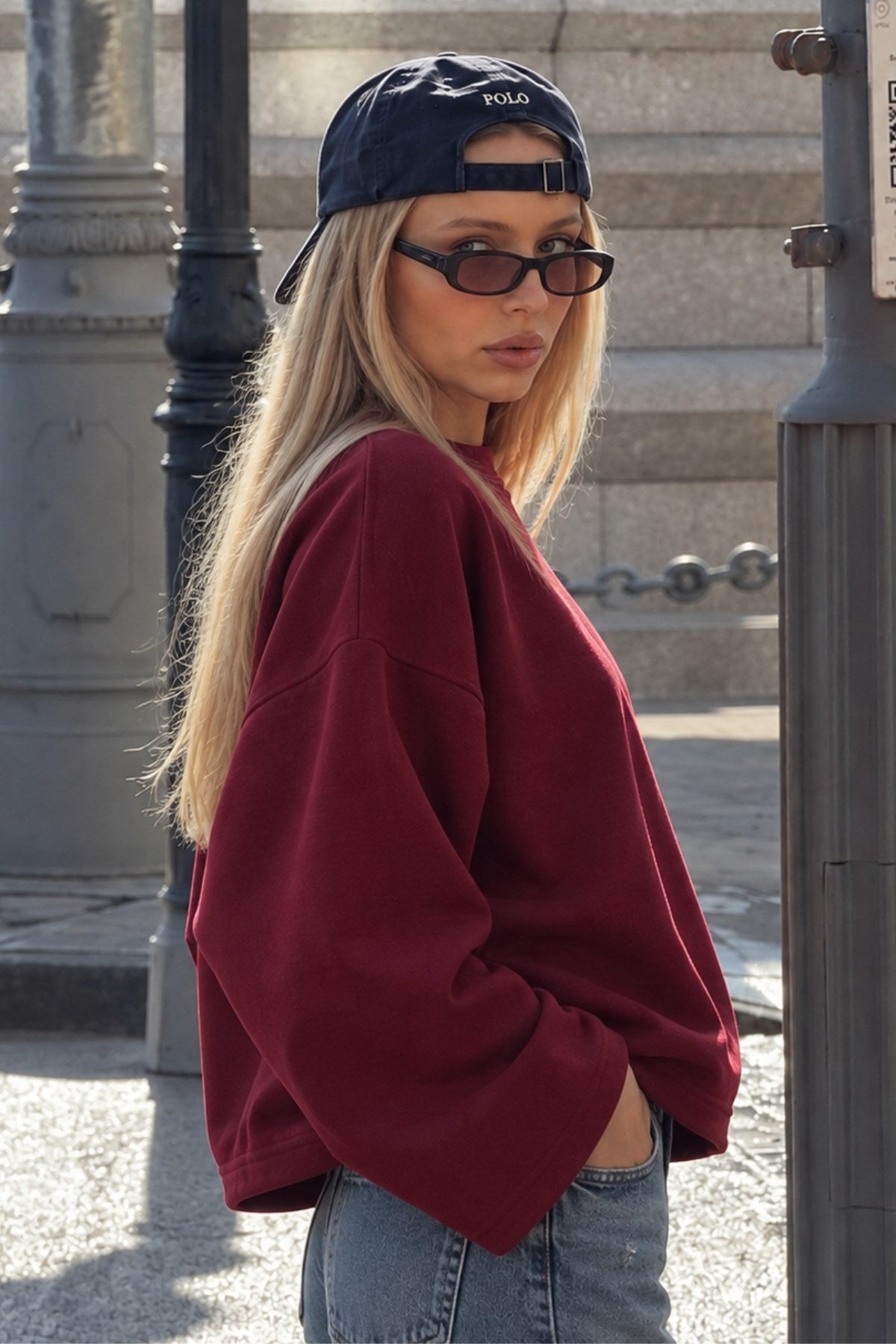 Kadın Relaxed Fit Sweatshirt Basic Bordo – Bisiklet Yaka, 3 İplik Şardonsuz, Düşük Omuz, Geniş Kol