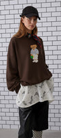 Kadın Oversize Sweatshirt City Club Bear Baskılı Kahverengi – Bisiklet Yaka, 3 İplik Şardonlu Polar