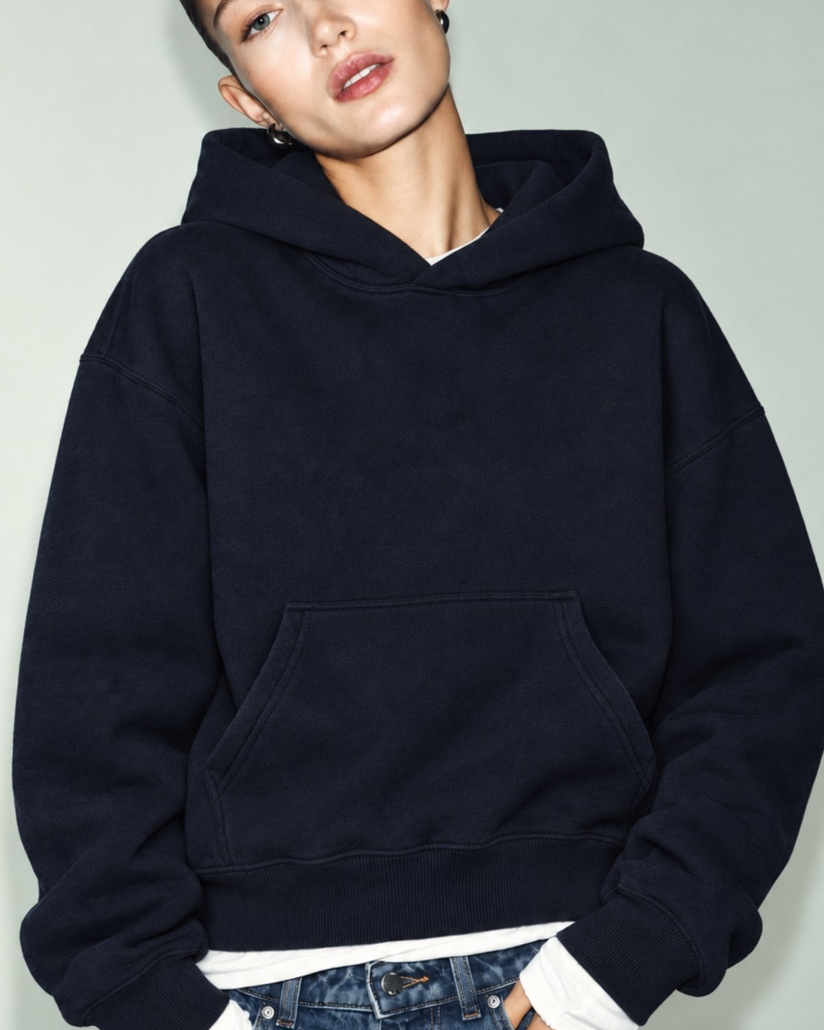 Kadın Oversize Hoodie Cry First Baskılı Lacivert – Kapüşonlu, Kanguru Cepli, 3 İplik Şardonlu Polar