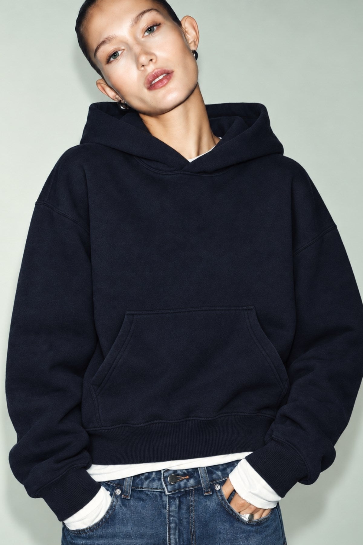 Kadın Oversize Hoodie Cry First Baskılı Lacivert – Kapüşonlu, Kanguru Cepli, 3 İplik Şardonlu Polar