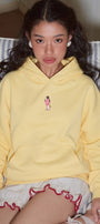 Kadın Oversize Hoodie Pink Kitty Club Baskılı Sarı - Kapüşonlu, Cepli, 3 İplik Polar