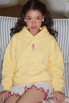 Kadın Oversize Hoodie Pink Kitty Club Baskılı Sarı - Kapüşonlu, Cepli, 3 İplik Polar