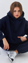 Oversize Unisex Sweatshirt Hoodie Lacivert – Kapüşonlu, 3 İplik Şardonlu Polar, Kanguru Cepli, Basic