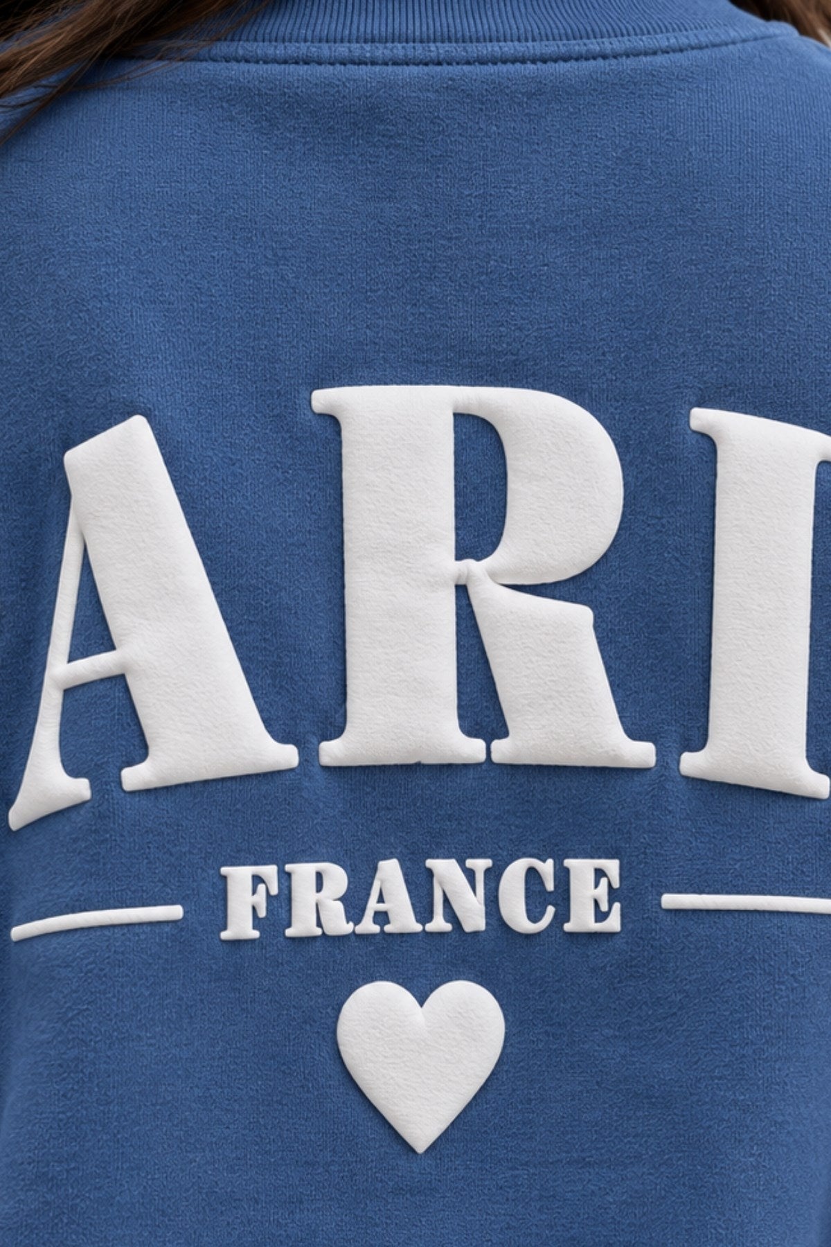 Kadın Oversize Sweatshirt Paris 3D Baskılı Marine – Bisiklet Yaka, Kol ve Sırt Baskılı, 3 İplik