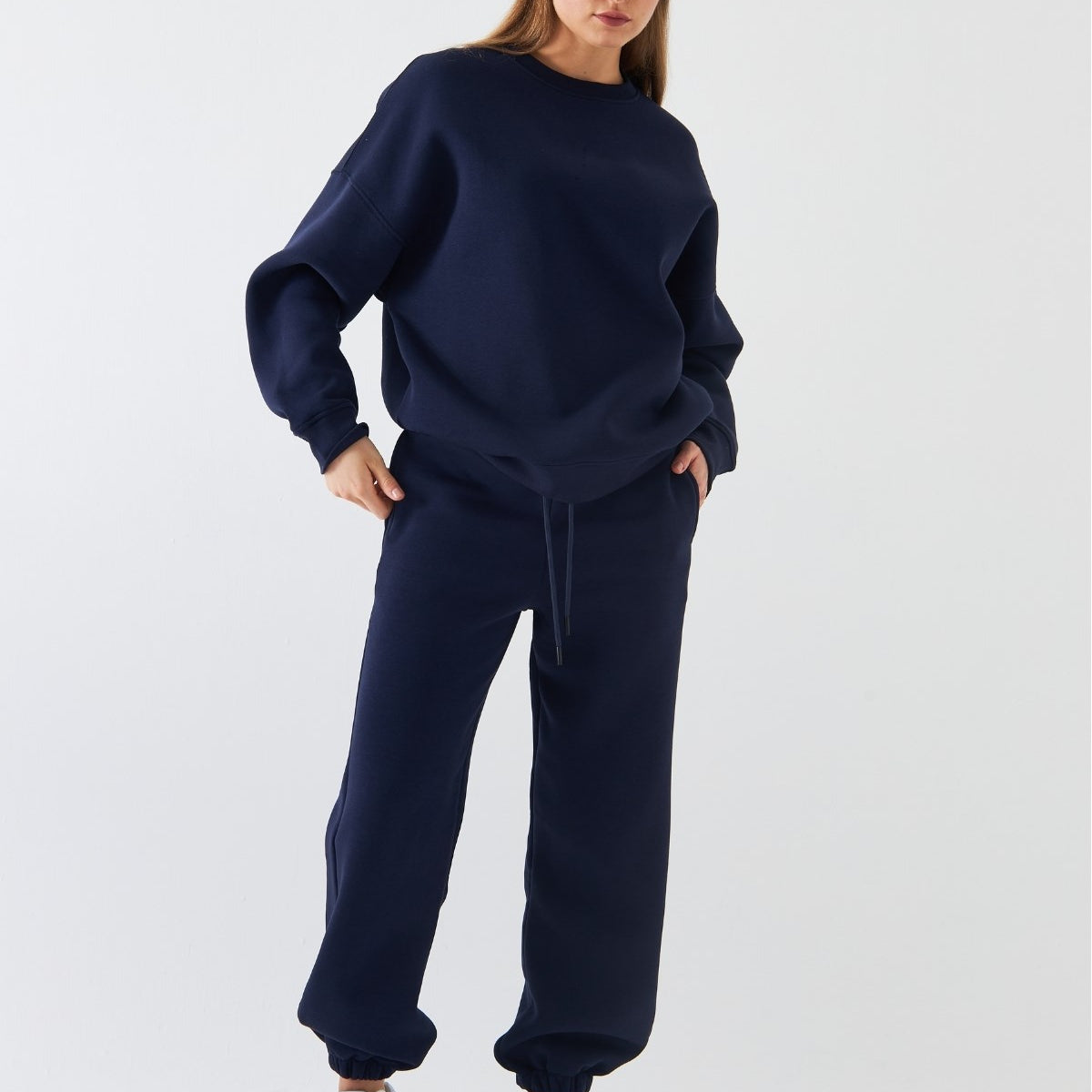 Unisex Oversize Eşofman Takımı Basic Lacivert – Bisiklet Yaka, Lastikli Paça, 3 İplik Şardonlu Polar