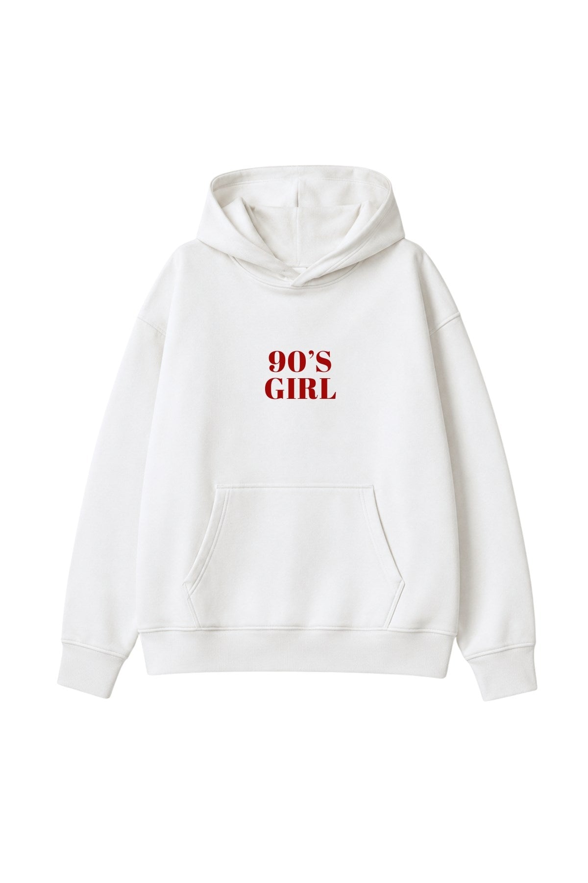 Kadın Oversize Hoodie 90’s Girl Baskılı Beyaz – Kapüşonlu, Kanguru Cepli, 3 İplik Polar