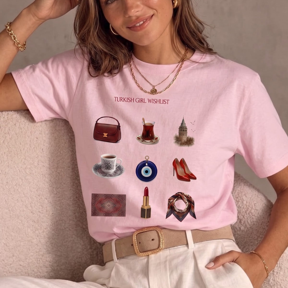 Kadın Oversize Tişört Turkish Girl Wishlist Baskılı Pembe – Bisiklet Yaka, Rahat Kalıp, %100 Pamuk