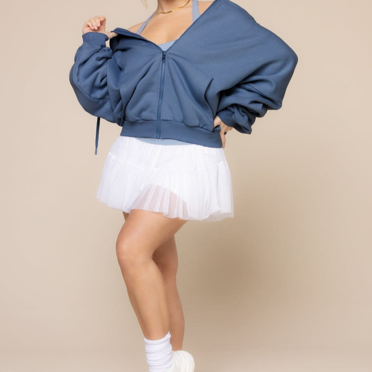 Kadın Koyu Mavi Kapüşonlu Sweatshirt Fermuarlı 3 İplik Şardonlu Oversize Kesim