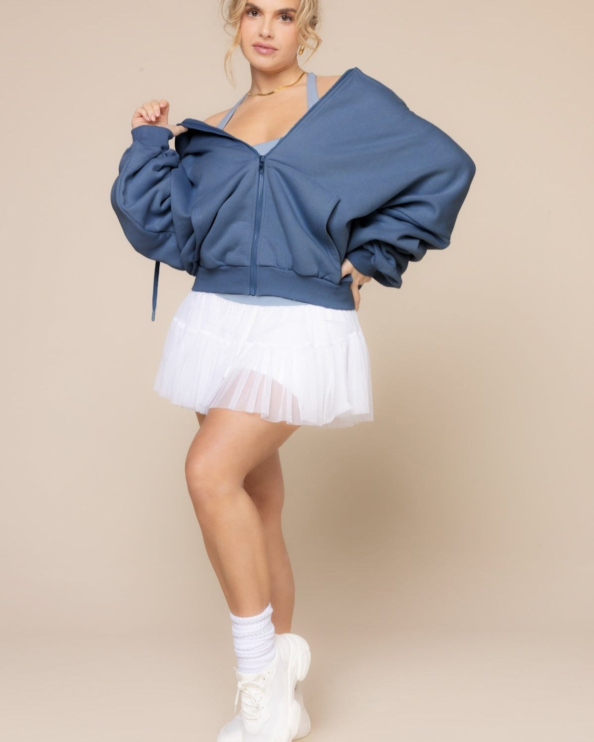 Kadın Koyu Mavi Kapüşonlu Sweatshirt Fermuarlı 3 İplik Şardonlu Oversize Kesim