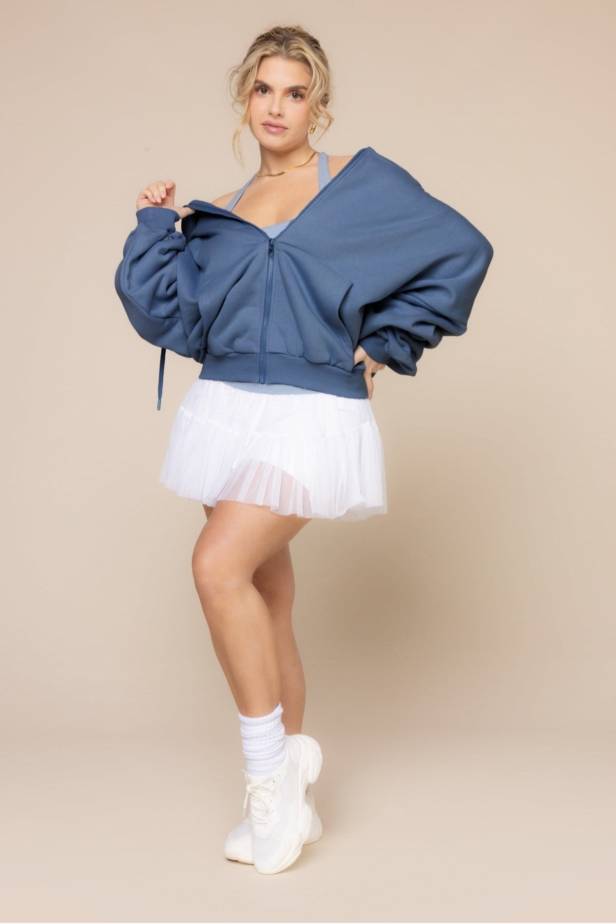 Kadın Koyu Mavi Kapüşonlu Sweatshirt Fermuarlı 3 İplik Şardonlu Oversize Kesim