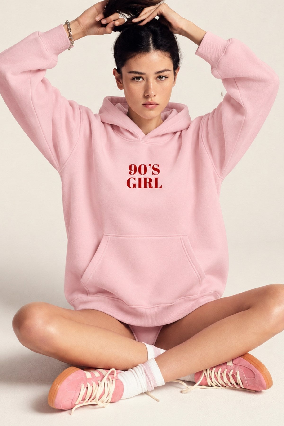 Kadın Oversize Hoodie 90’s Girl Baskılı Pembe – Kapüşonlu, Kanguru Cepli, 3 İplik Polar