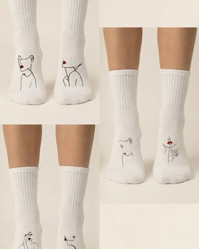 Unisex Beyaz Uzun Çorap Kadın Figürlü - Nefes Alan Pamuklu-Koku Oluşumunu Azaltmaya Yardımcı 6’lI 