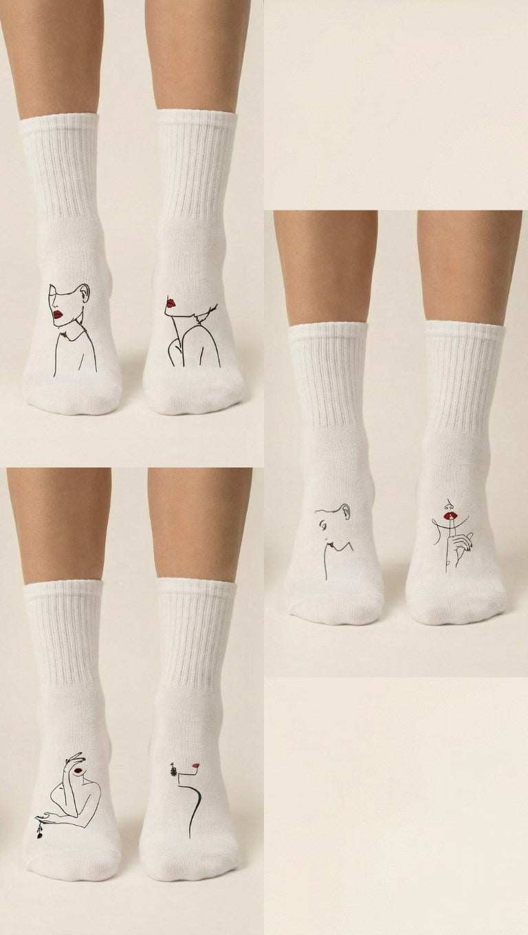 Unisex Beyaz Uzun Çorap Kadın Figürlü - Nefes Alan Pamuklu-Koku Oluşumunu Azaltmaya Yardımcı 6’lI 