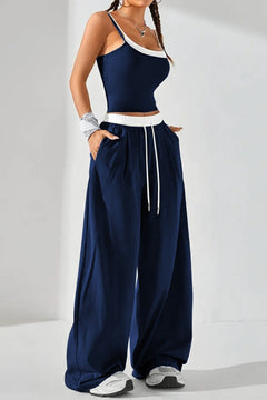 Kadın Lacivert Askılı Fit Bluz ve Bol Paça Pantolon Takım – Pamuklu Esnek Kumaş