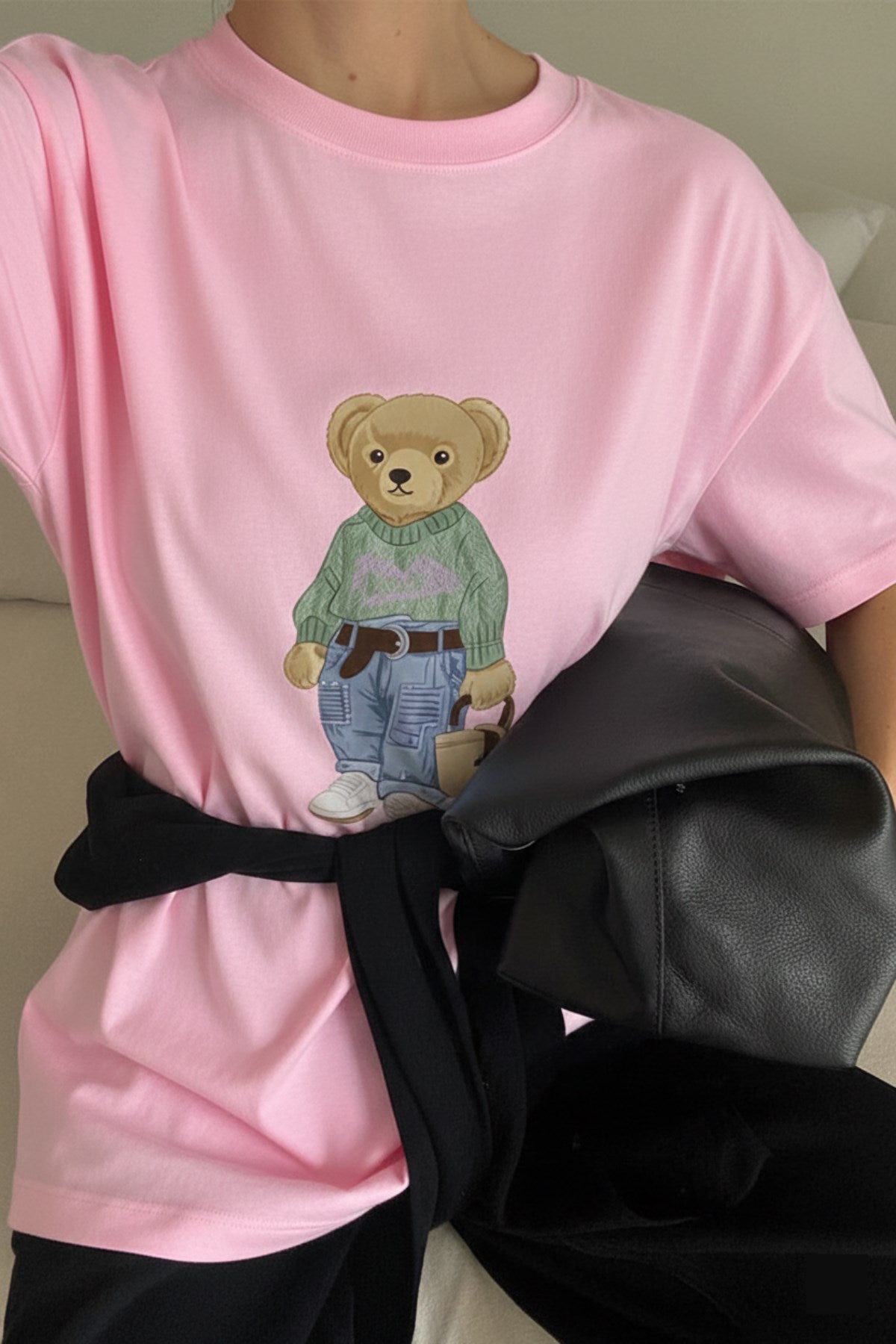 Kadın Oversize Tişört COZY Bear Baskılı Pembe – %100 Pamuk Compact Süprem 24/1
