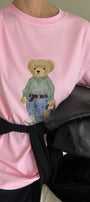 Kadın Oversize Tişört COZY Bear Baskılı Pembe – %100 Pamuk Compact Süprem 24/1