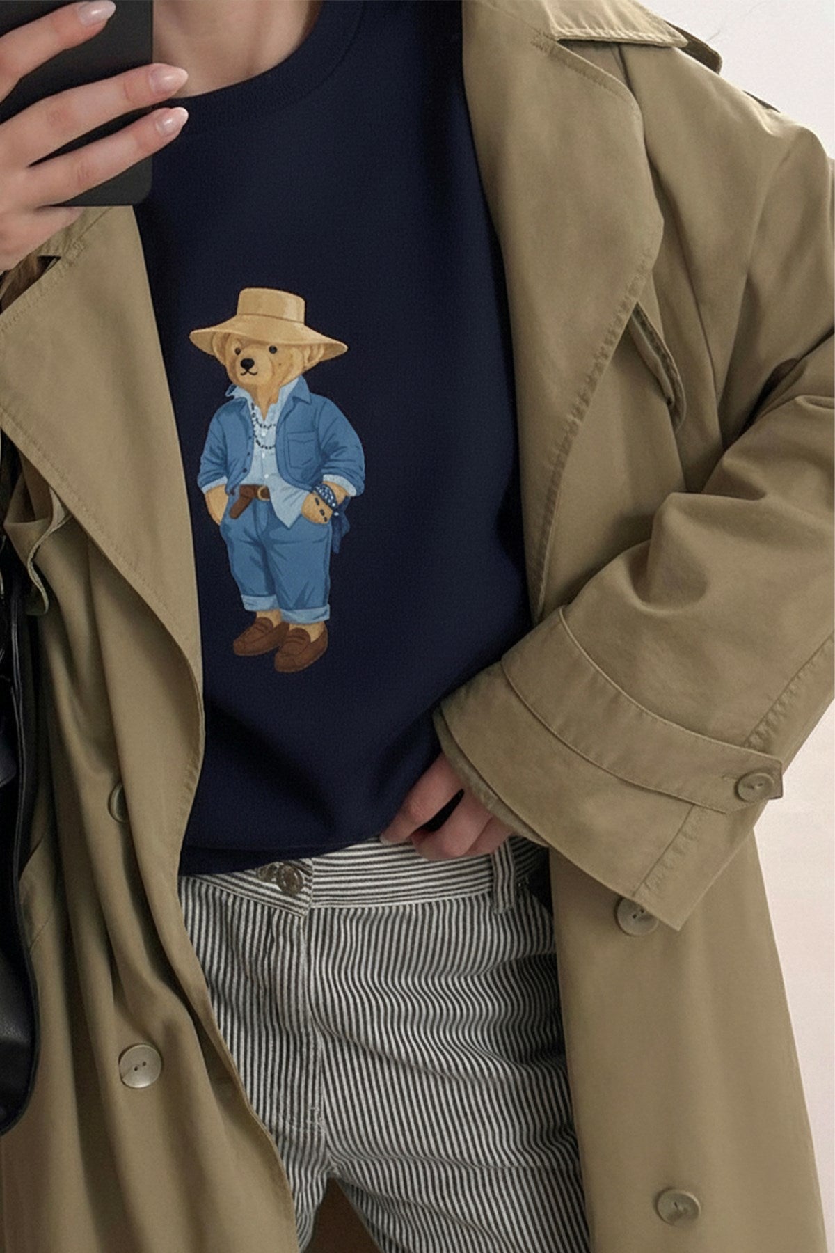 Kadın Oversize Sweatshirt Ranch Bear Baskılı Lacivert – Bisiklet Yaka, 3 İplik Şardonlu Polar