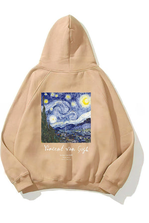 Kapüşonlu İçi Polar Vincent Van Gogh Baskılı Bej Unisex Hoodie Sweatshirt