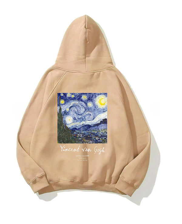 Kapüşonlu İçi Polar Vincent Van Gogh Baskılı Bej Unisex Hoodie Sweatshirt