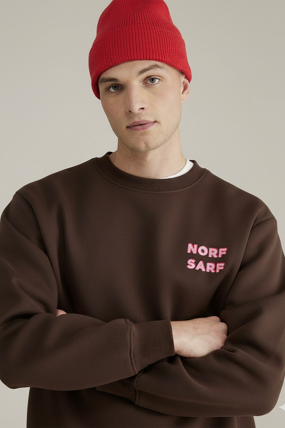 Unisex Oversize Sweatshirt Norf Sarf Harita Baskılı Kahverengi – Bisiklet Yaka, 3 İplik Polar