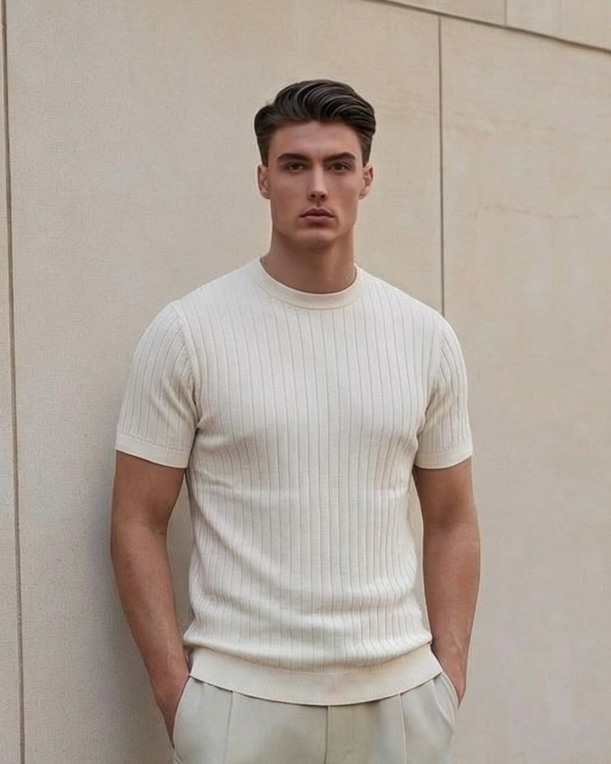 Erkek Dokulu Fitilli Triko Tişört Beyaz - Bisiklet Yaka, Fit, Yazlık, Örme