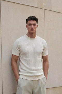 Erkek Dokulu Fitilli Triko Tişört Beyaz - Bisiklet Yaka, Fit, Yazlık, Örme