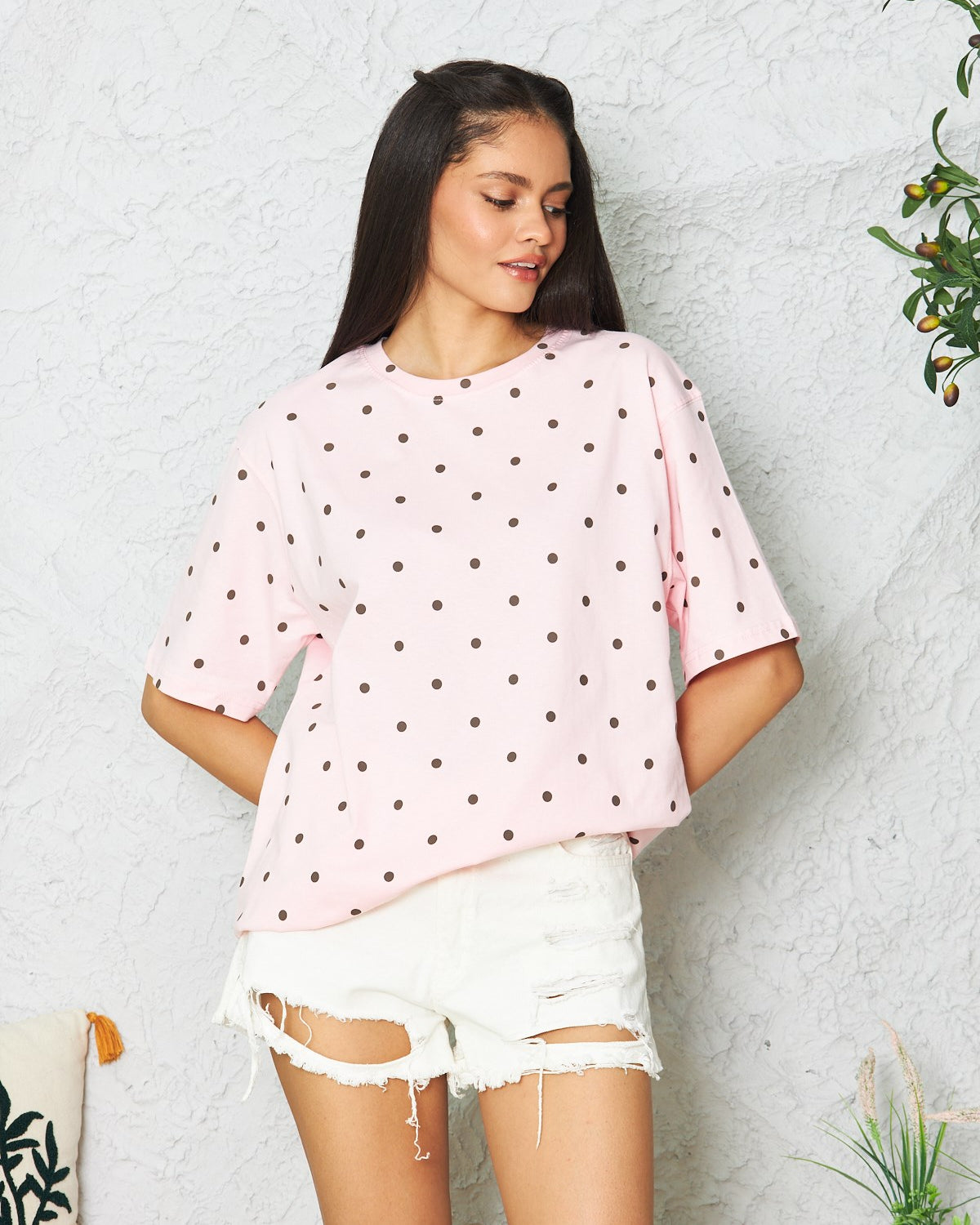 Kadın Oversize Tişört Polka Muse Puantiyeli Pembe – Bisiklet Yaka, Rahat Kalıp, %100 Pamuk