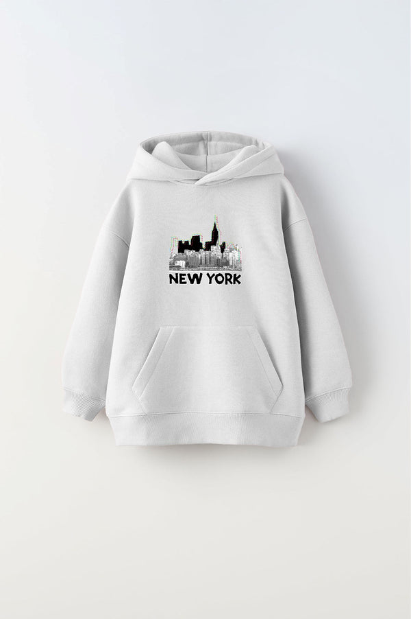 Kapüşonlu İçi Polar New York Yazı Baskılı Beyaz Unisex Çocuk Hoodie Sweatshirt