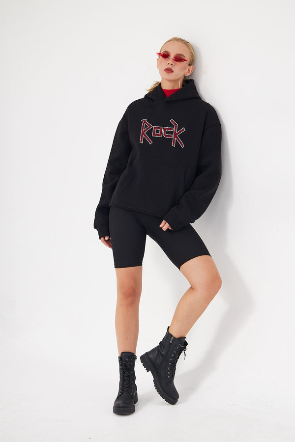 Kapüşonlu İçi Polar Rock Yazılı Taş Baskılı Siyah Oversize Hoodie Sweatshirt