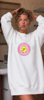 Kadın Oversize Sweatshirt Elbise Dangerous Chick Baskılı Beyaz – Uzun Boy, 3 İplik Şardonlu Polar