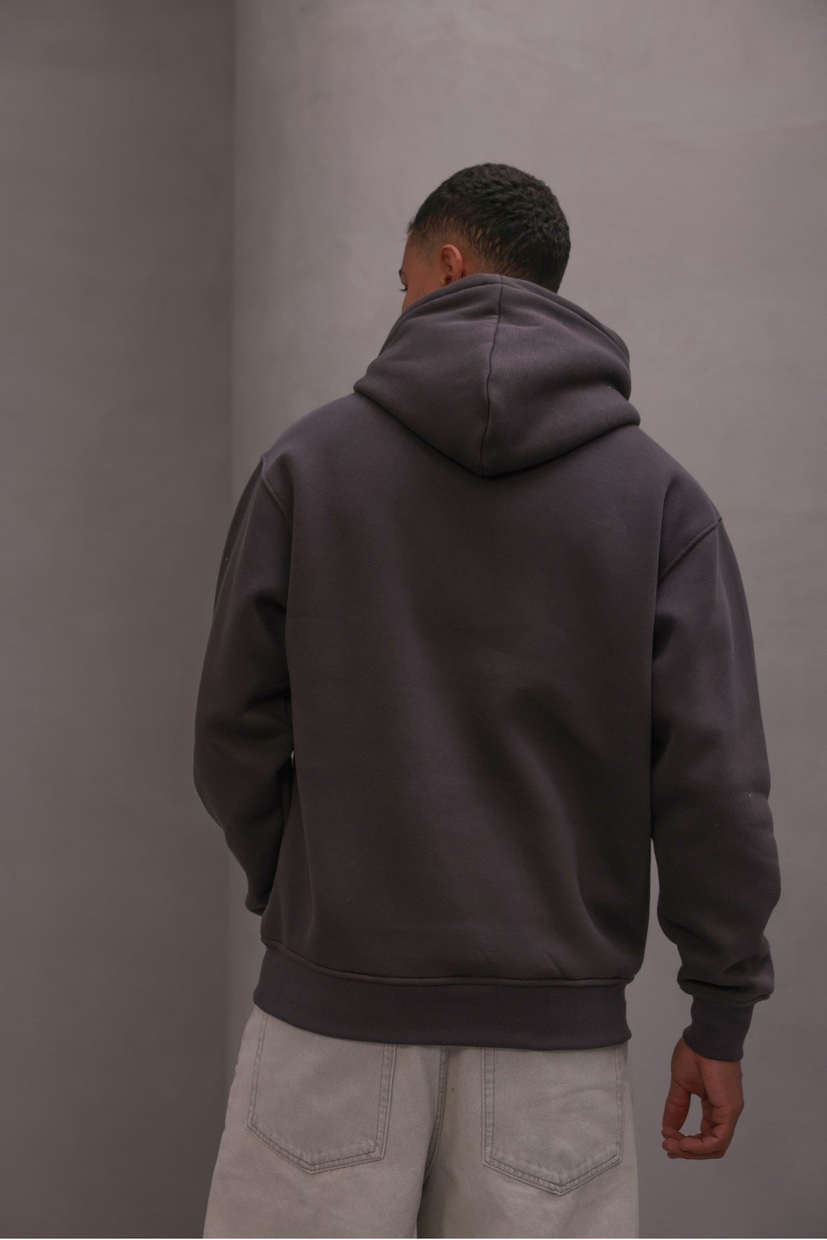 Erkek Oversize Sweatshirt Hoodie CHMP Yazlı Baskılı Füme – Kapüşonlu, 3 İplik Polar, Kanguru Cepli