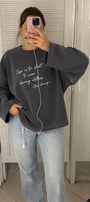 Kadın Relaxed Fit Sweatshirt Life Is Too Short Baskılı Füme – Bisiklet Yaka, 3 İplik Şardonsuz