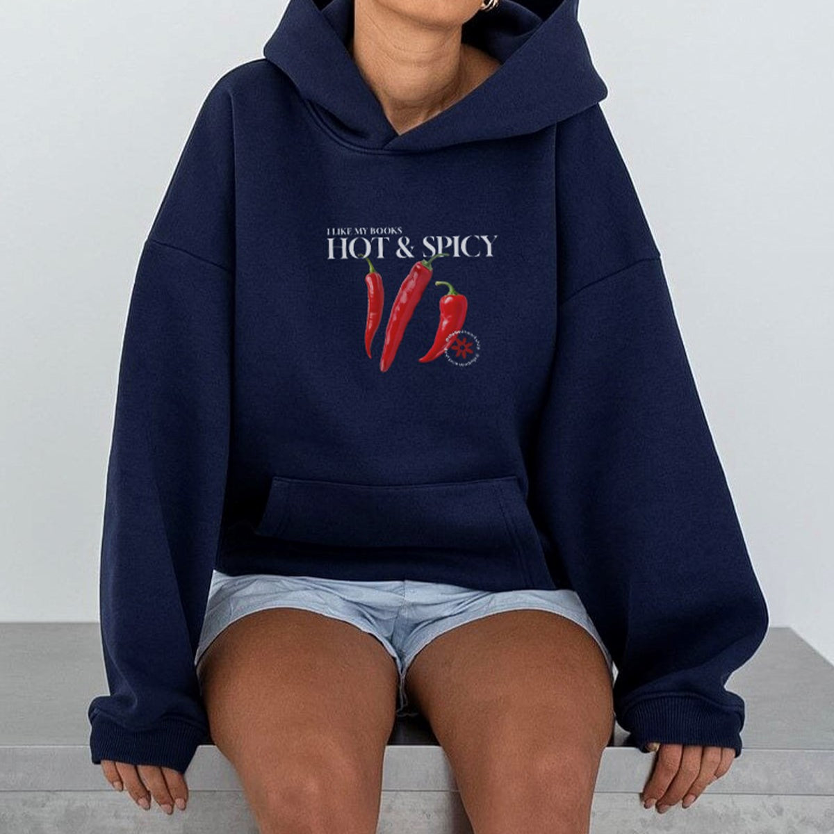 Kadın Oversize Sweatshirt Hoodie Hot & Spicy Baskılı Lacivert – Kapüşonlu, 3 İplik Şardonlu Polar