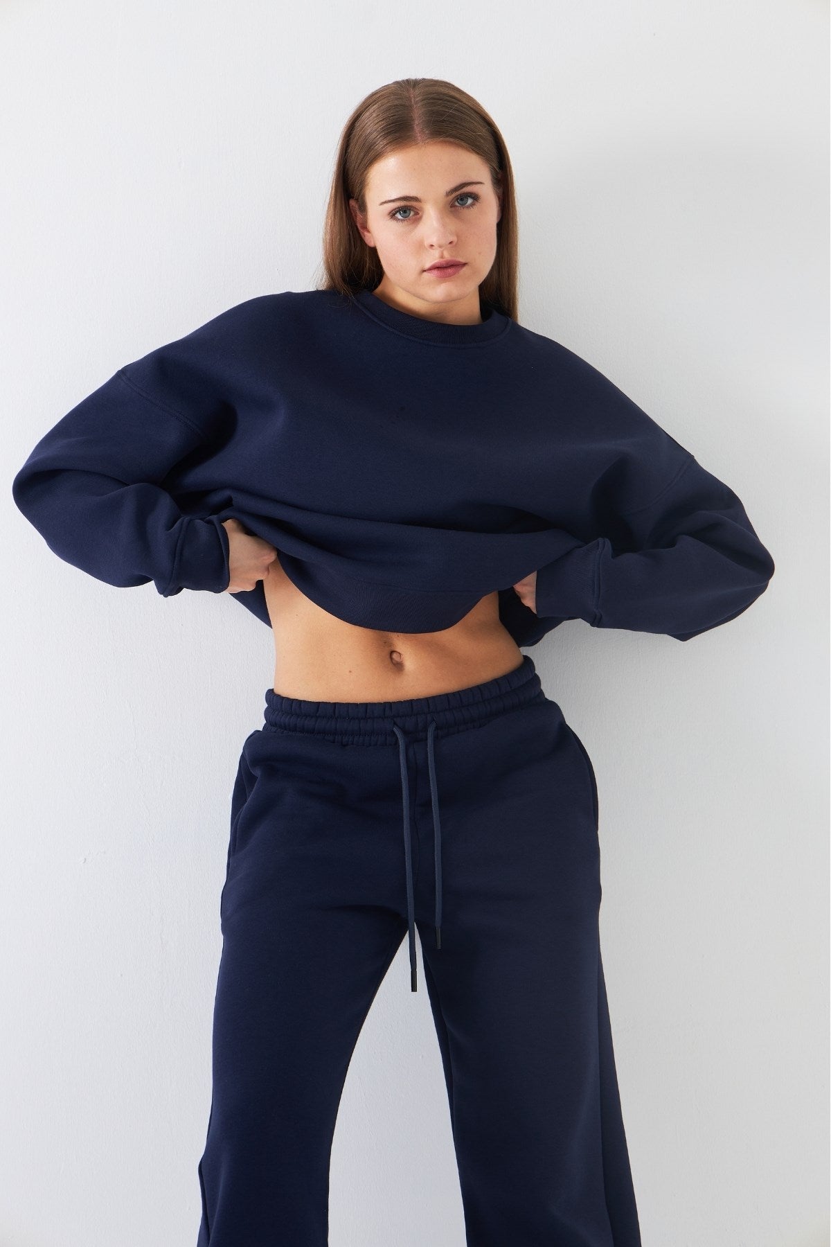 Unisex Oversize Sweatshirt Basic Lacivert – Bisiklet Yaka, 3 İplik Şardonlu Polar